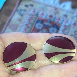 80s Laurel Burch earrings, burgundy enamel & gold tone metal, post back